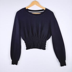 Maeve Anthropologie Black Smocked Cropped Sweatshirt XS Textured Pullover Grunge